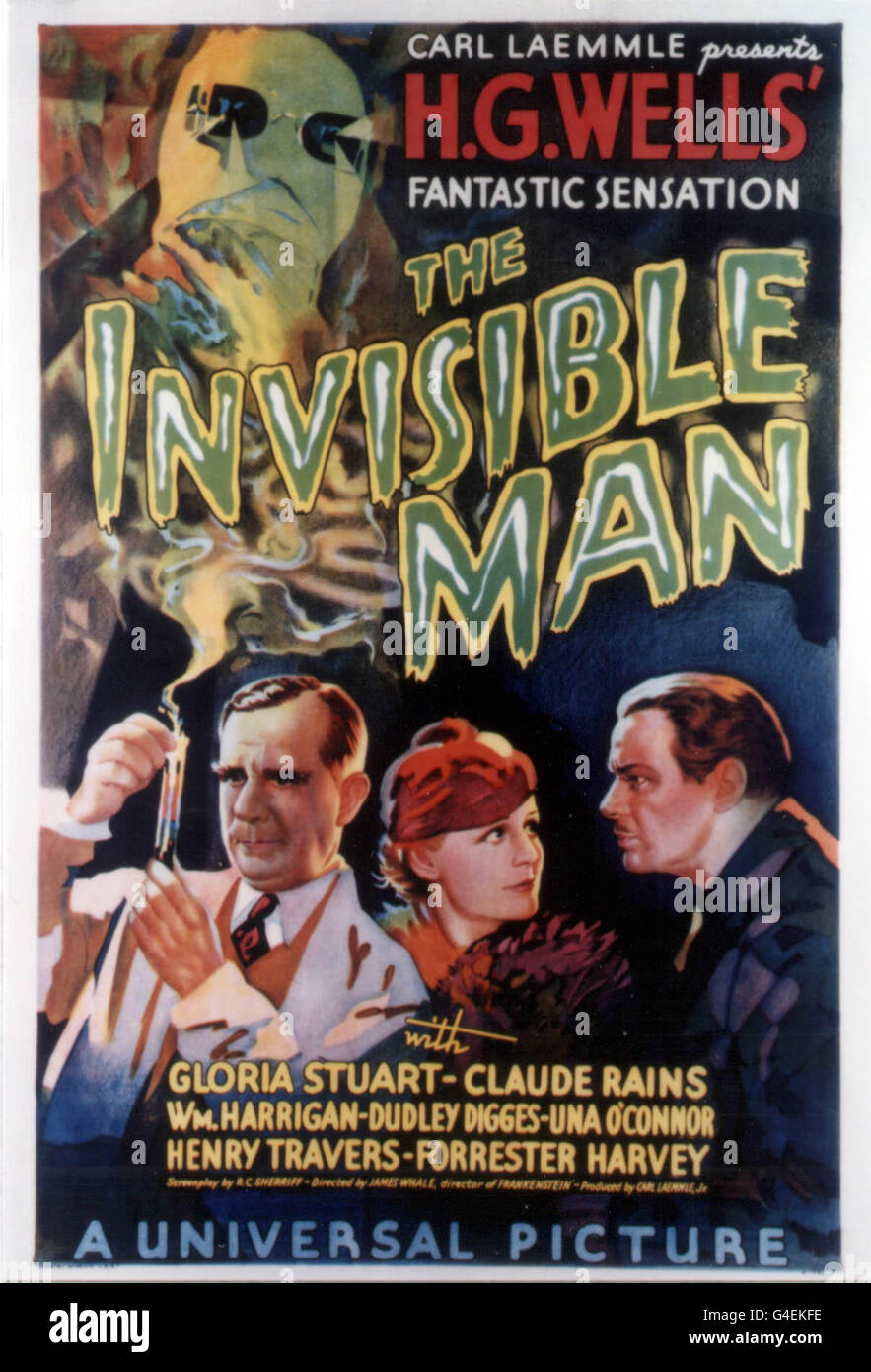 A US one-sheet poster, designed by Karoly Grosz, advertising the 1933 film of the H.G Wells fantasy The Invisible Man. The vintage horror film poster fetched more than 36,000 in a Christie's auction today (Tuesday). See PA story SALE Poster./PA Stock Photo