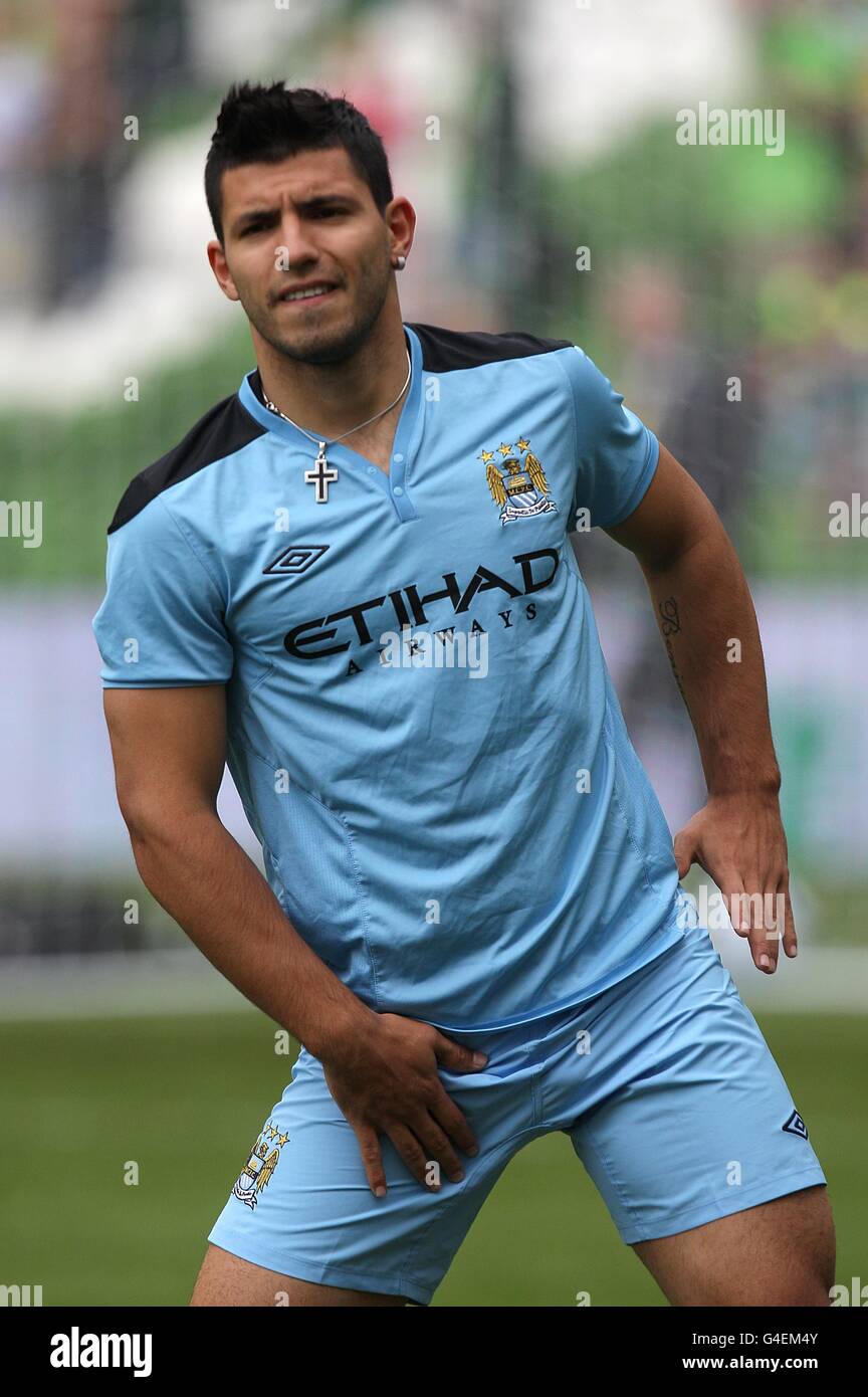 Manchester City new signing Sergio Aguero during the warmup Stock