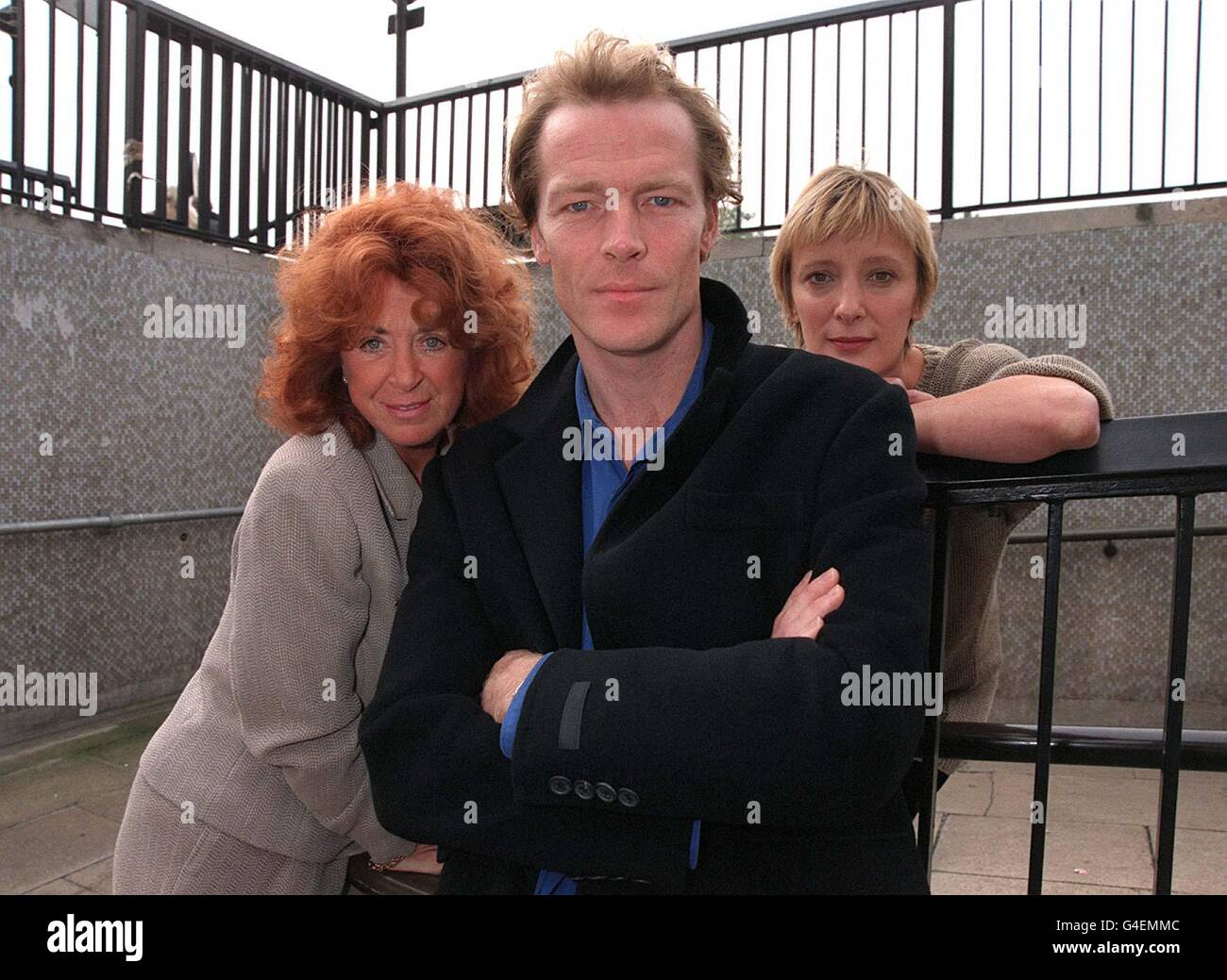 From left to right; Lynda La Plante, Iain Glenn and Kate Buffery. Iain Glenn who plays Damon Morton and is also starring with Nicole Kidman in the West End play The Blue room with Kate Buffery who plays D.I. Pat North are starring in Lynda La Plante's Trial and Retribution 2 a 2 x 2 hour drama series for ITV. Photo by Rosie Hallam/PA. Stock Photo
