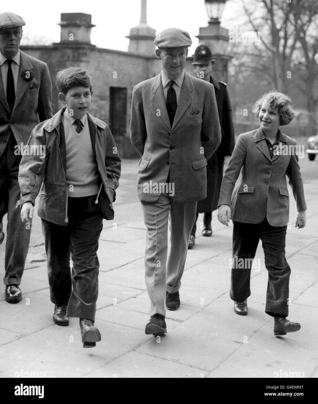 PA NEWS PHOTO 23/4/60 THE PRINCE OF WALES WITH SISTER PRINCESS ANNE ON THEIR WAY TO VISIT THE STABLES AT BADMINTON BEFORE THE THREE DAY BADMINTON HORSE TRIALS Stock Photo