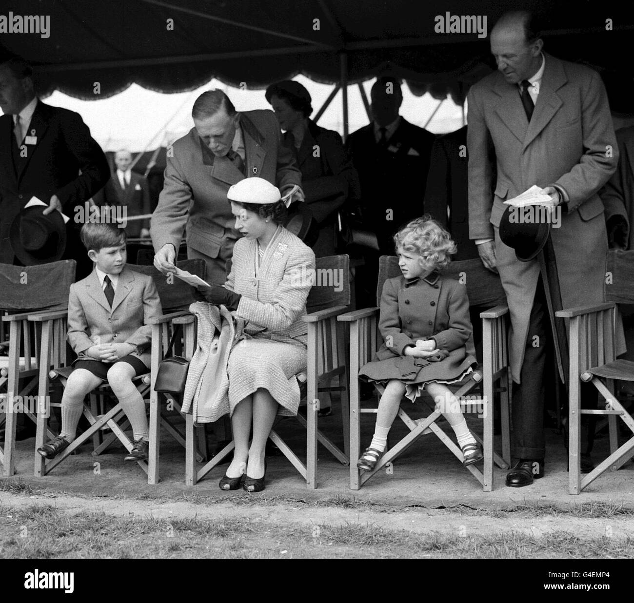 The Prince of Wales, with Queen Elizabeth II and sister Princess Anne, at the Royal Windsor Horse Show at Home Park, Windsor Castle. Stock Photo