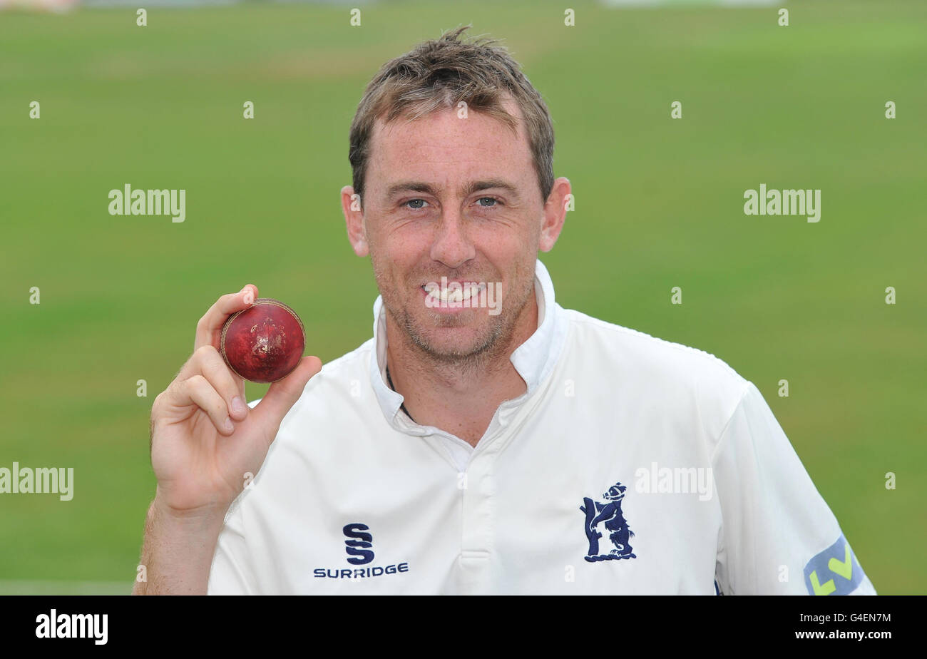 Warwickshire's Rikki Clarke poses with the ball after his world record
