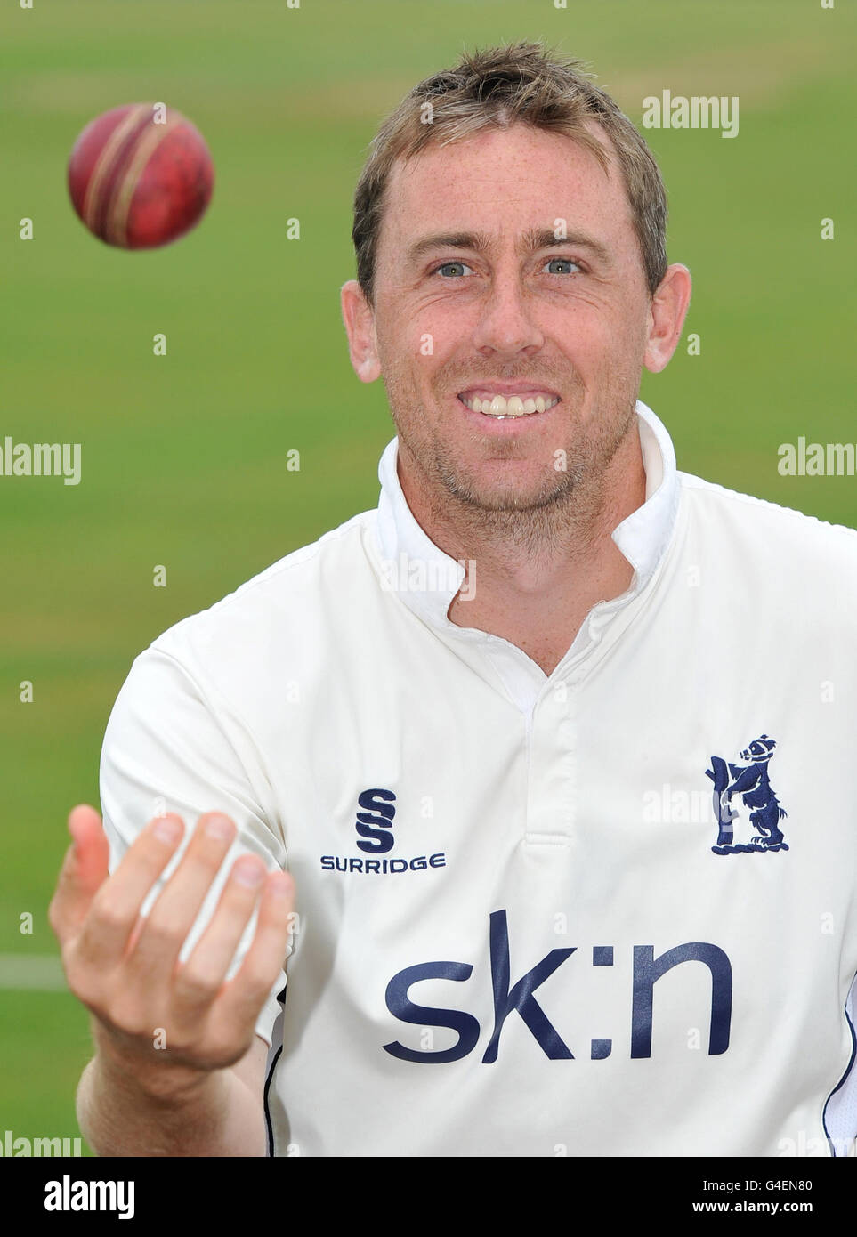 Warwickshire's Rikki Clarke poses with the ball after his world record