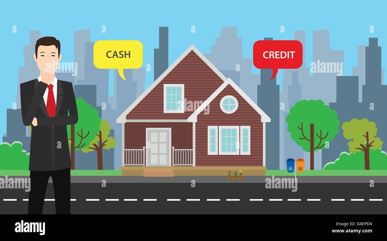 a businessman choose between cash or credit to buy his house vector graphic Stock Vector