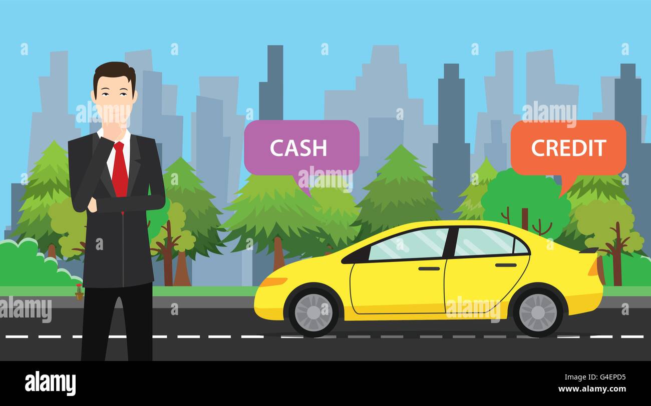 a businessman choose between cash or credit to buy his car vector graphic Stock Vector