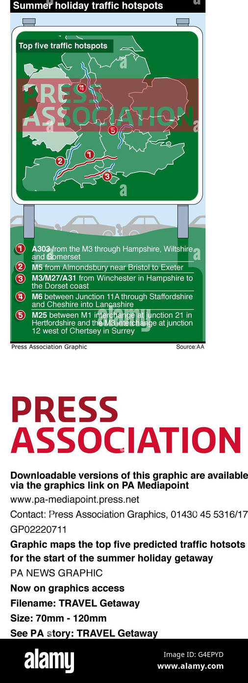 Graphic maps the top five predicted traffic hotsots for the start of the summer holiday getaway Stock Photo