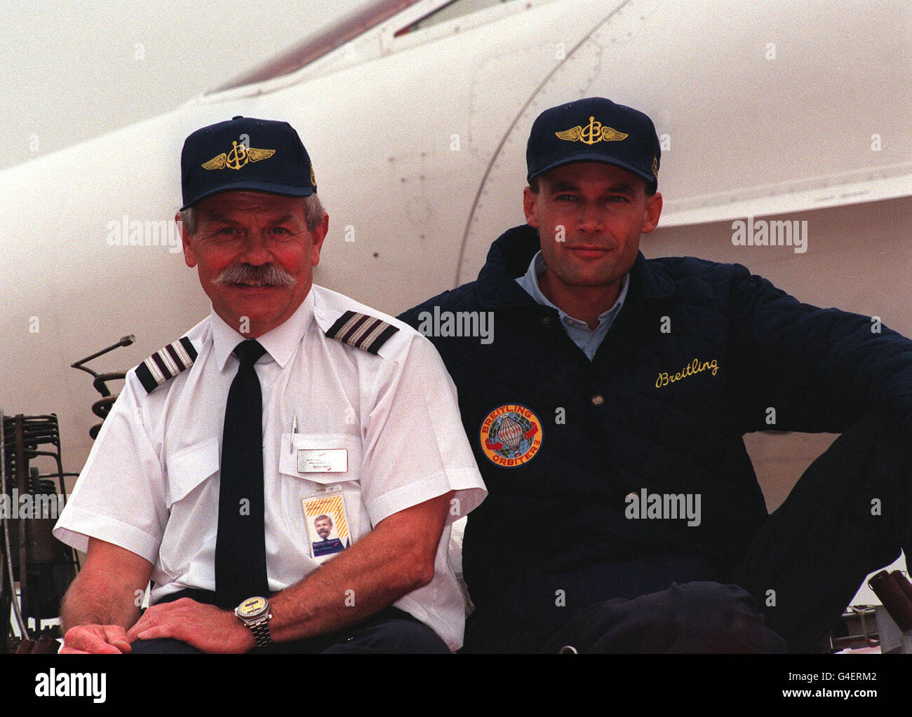 British Airways Concorde Flight Engineer Tony Brown (left) from Guildford, Surrey, with Bertrand Piccard at Heathrow Airport. Tony has been selected to pilot the Breitling Balloon with Bertrand on the next attempt to fly around the World in a Balloon. They hope to lift off sometime in November from the Swiss town of Chateau-d'Oex. Stock Photo