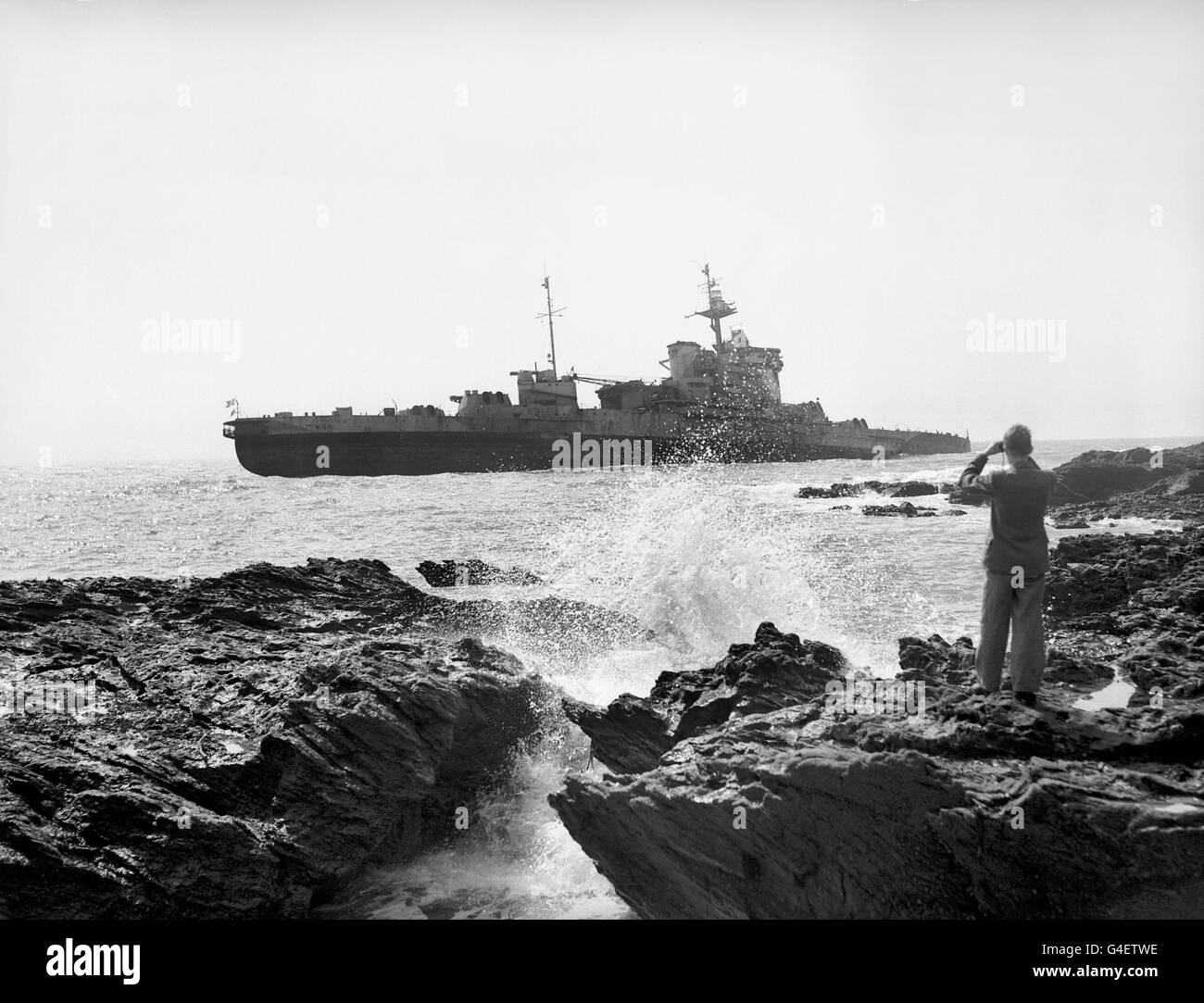 Military HMS Warspite Run Aground Prussia Cove, Cornwall Stock