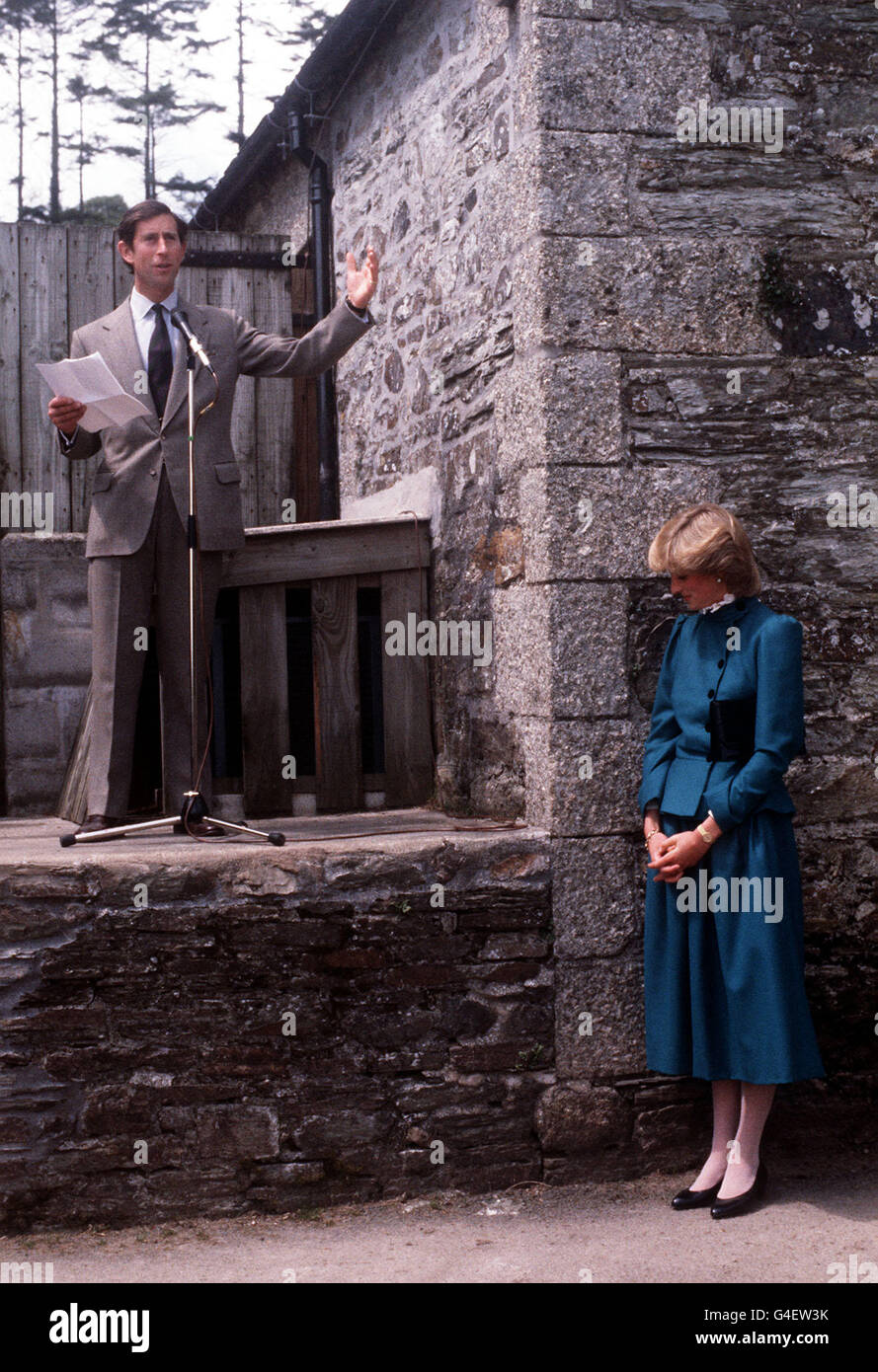 PA NEWS PHOTO 27/5/83 THE PRINCESS OF WALES LISTENS AND WATCHES AS THE PRINCE OF WALES GESTICULATES WHILST MAKING A SPEECH AT RESTORMEL FARM, LOSTWITHIEL, CORNWALL. Stock Photo
