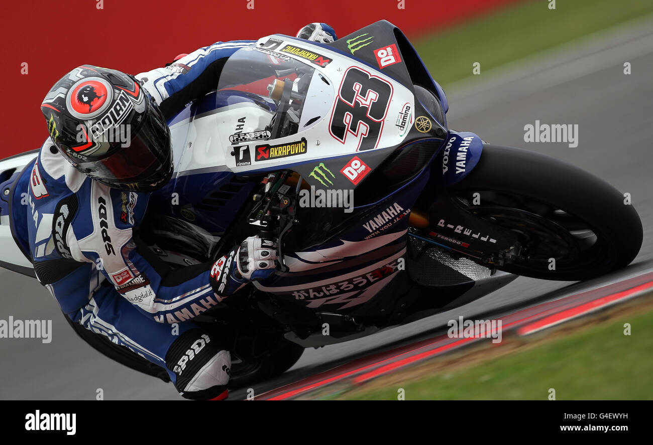 Italy's Marco Melandri on the Yamaha YZF R1 during the practice day of the FIM World Superbike Championship at Silverstone, Northampton. Stock Photo
