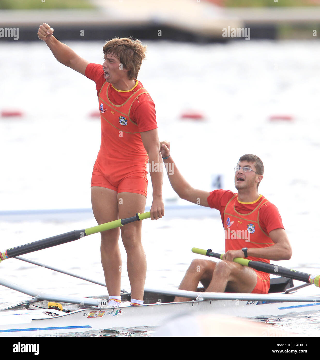 Rowing - Junior World Rowing Championships and Olympic Test Event - Day Four - Eton Dorney Rowing Lake. Spain's Alvaro Garcia Romero and Alejandro Lomba Fernandez celebrate second in the Junior Men's Pairs Final Stock Photo