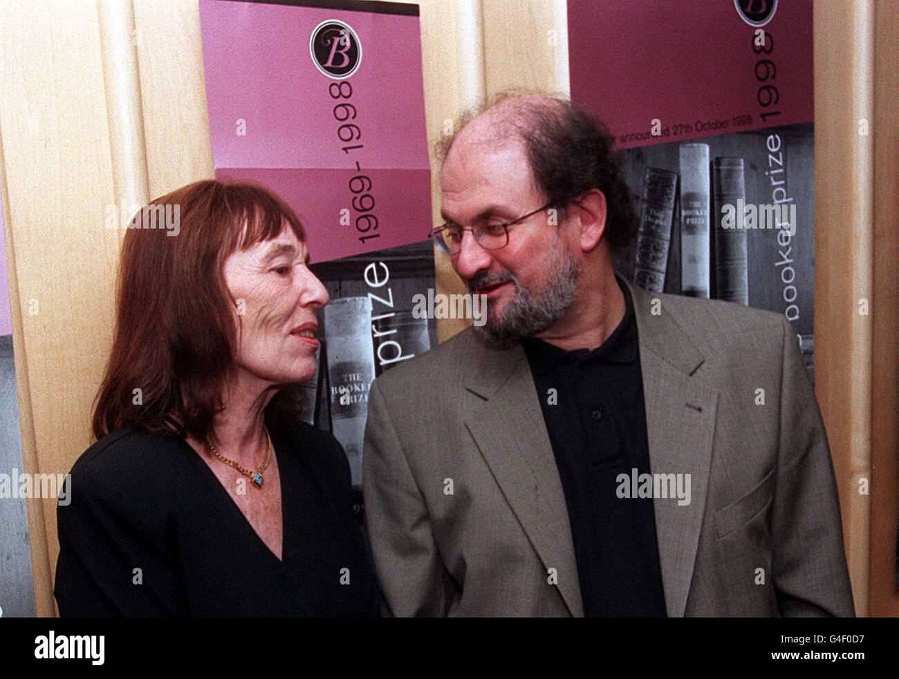 Authors Beryl Bainbridge (left) and Salman Rushdie (right) at the British Library in London today (Tuesday) to help mark the thirtieth anniversary of The Booker Prize for Fiction with an evening of readings and debate. Authors Victoria Glendinning, Salman Rushdie, Kazuso Ishiguro, Roddy Doyle, Beryl Bainbridge and Nicholas Moseley were joined by members of the public for the unique literary event. Photo by Stefan Rousseau/PA. Stock Photo