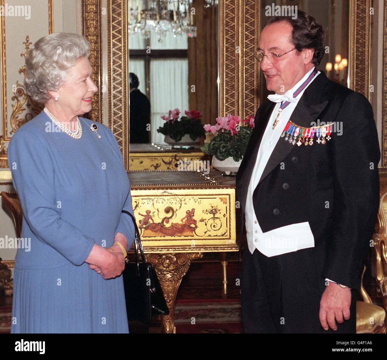 The Queen receives His Excellency the Ambassador of France, M Daniel Bernard CMG CBE, who presented his Letter of Credence at Buckingham Palace. * 19/12/2001: M Bernard has refused to apologise over a discussion in which he was reported to describe Israel as a 'shitty little country'. M Bernard was reported to have made the remark at a buffet party, allegedly blaming Israel for contributing to the international security crisis. Stock Photo