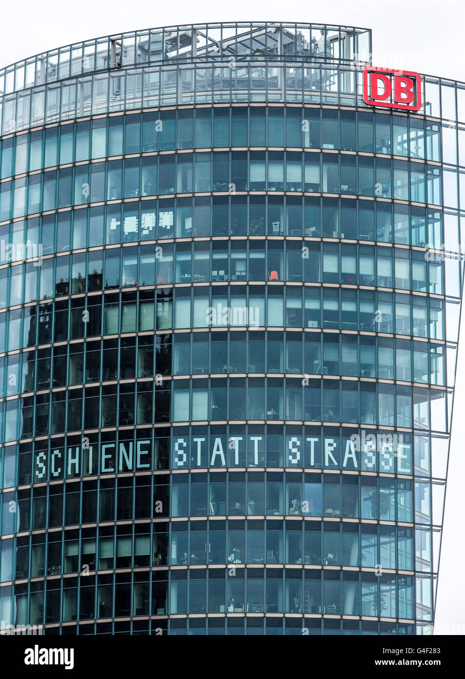 German Railways headquarters in Berlin, written on Potsdamer Platz, slogan rail instead of road in the windows, Germany Stock Photo