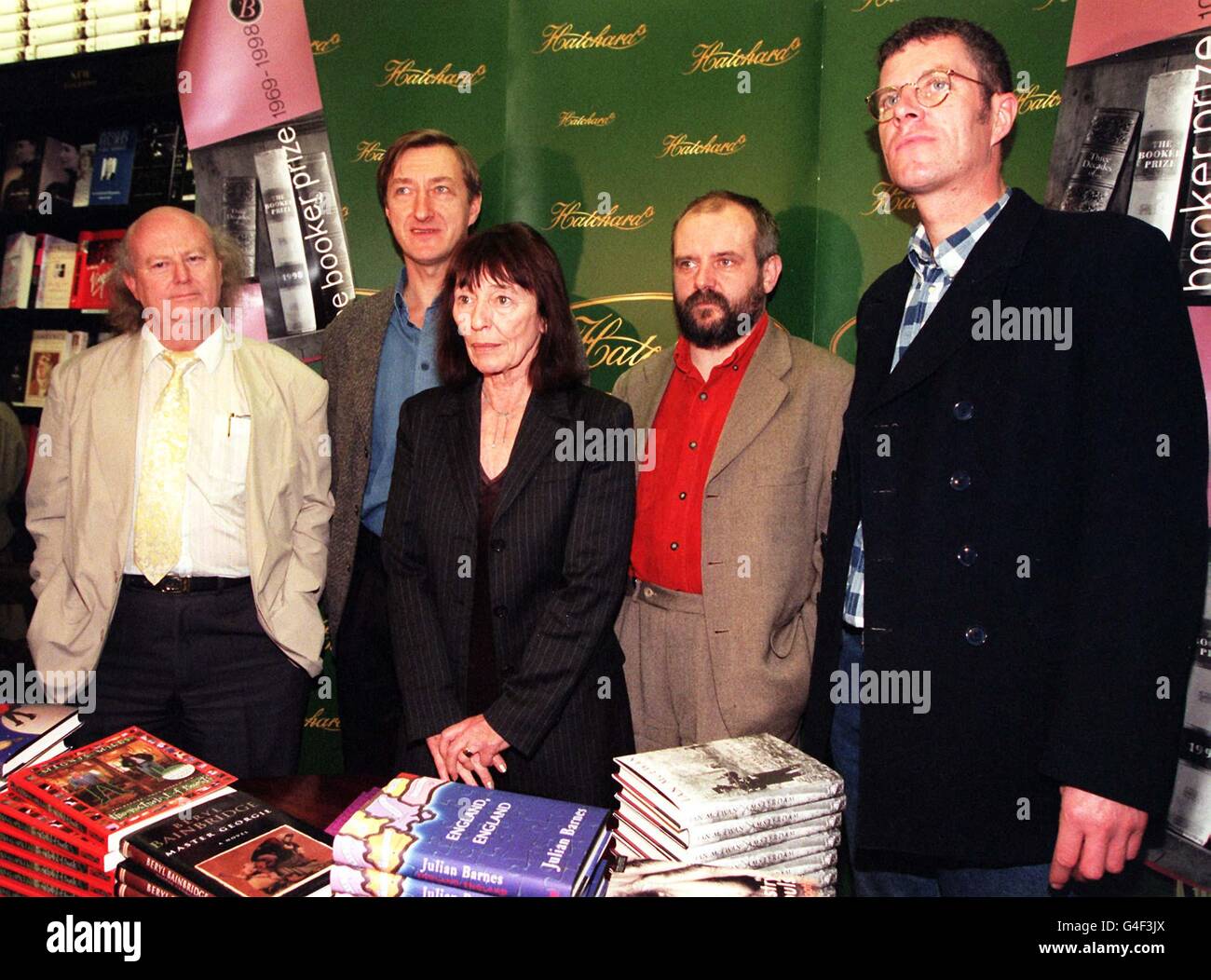 Five of the six authors who have been shorlisted for this year's Booker Prize, at Hatchards in Piccadilly, London today (Tuesday). (l/r) Martin Booth, Julian Barnes, Beryl Bainbridge, Patrick McCabe and Magdus Mills. The 21,000 Booker Prize is announced later today. Photo by Michael Crabtree. See PA Story ARTS Booker. Stock Photo