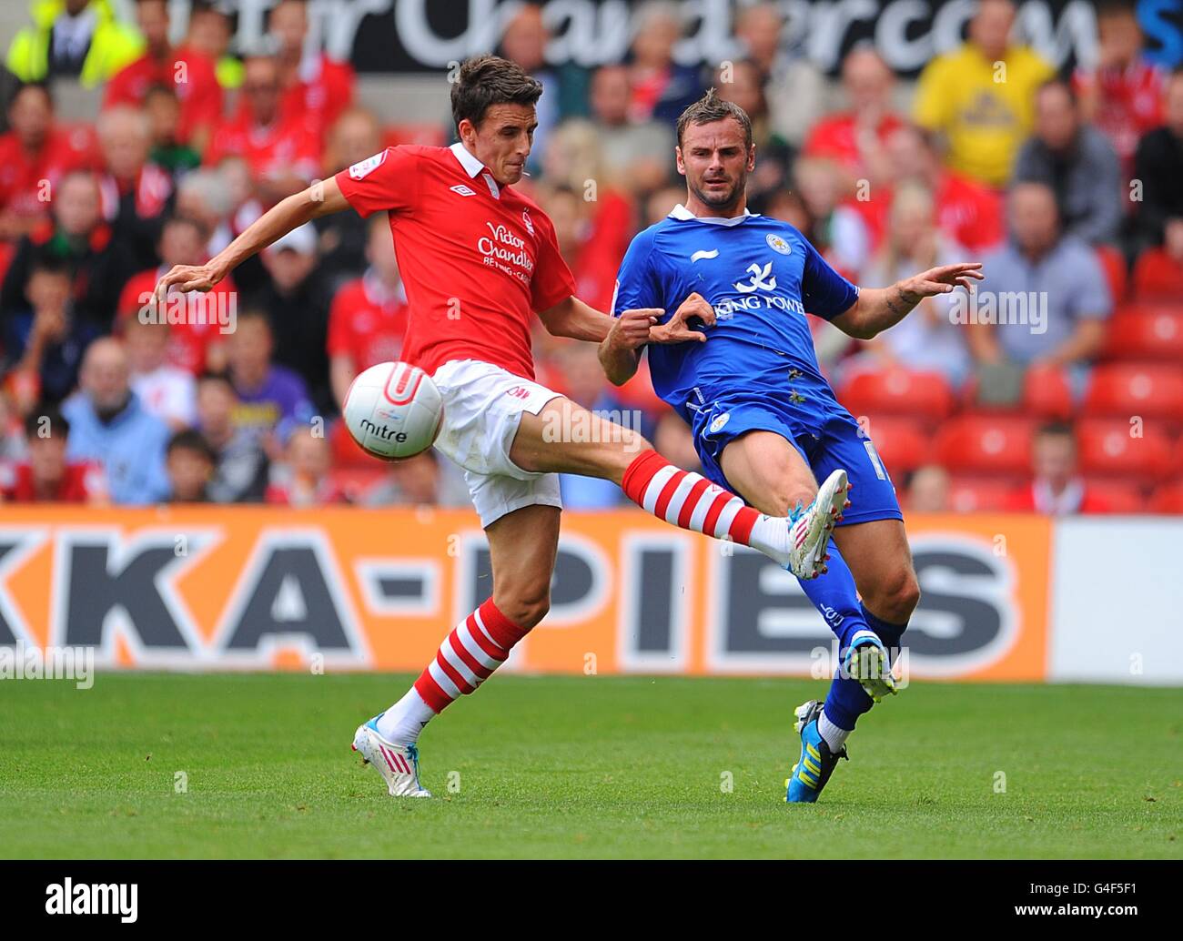Nottingham Forest's Matt Derbyshire (left) and Leicester City's Richard Wellens (right) in action Stock Photo