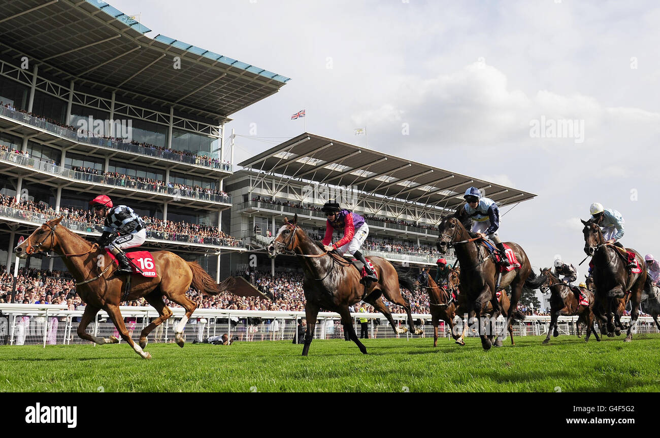 Moyenne Corniche and Dale Swift (left) wins the Betfred Ebor Handicap ahead of Tactician Owned by the Queen and ridden by Joseph O Brien during the Ebor Festival 2011 at York Racecourse. Stock Photo