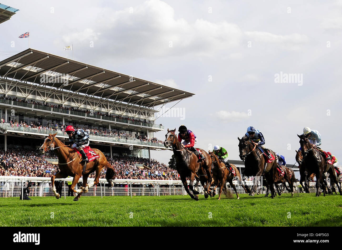 Moyenne Corniche and Dale Swift (left) wins the Betfred Ebor Handicap ahead of Tactician Owned by the Queen and ridden by Joseph O Brien during the Ebor Festival 2011 at York Racecourse. Stock Photo