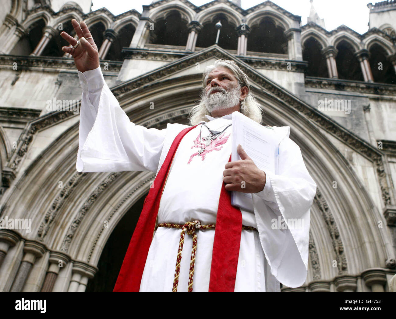 The Rev King Arthur Uther Pendragon outside the High Court in London as he has lost the latest round of a fight to force scientists to return ancient 'royal' remains to their original resting place at Stonehenge. Stock Photo