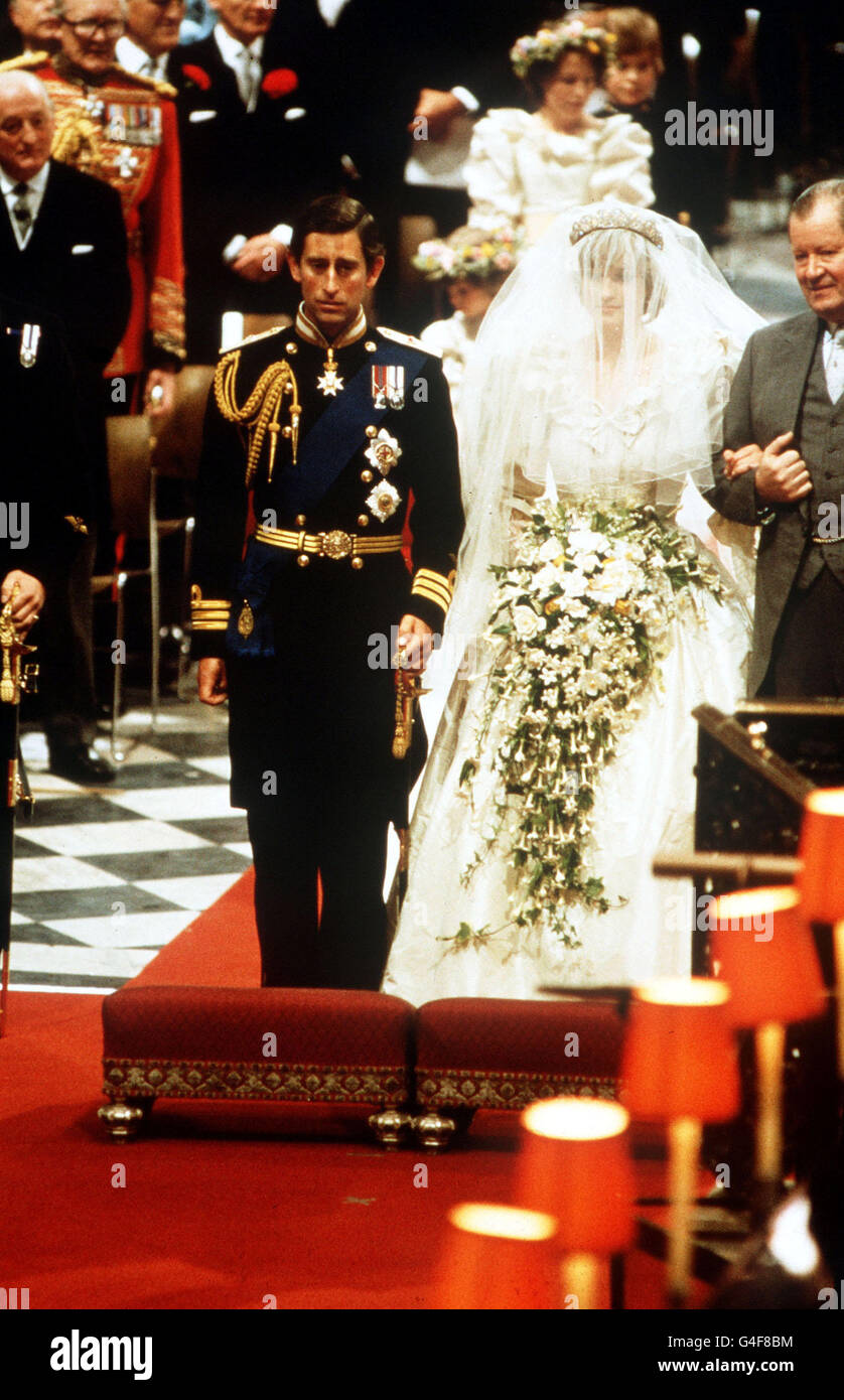 Earl Spencer (right) accompanies his daughter Lady Diana Spencer at her wedding to the Prince of Wales at St Paul's Cathedral, London. Stock Photo