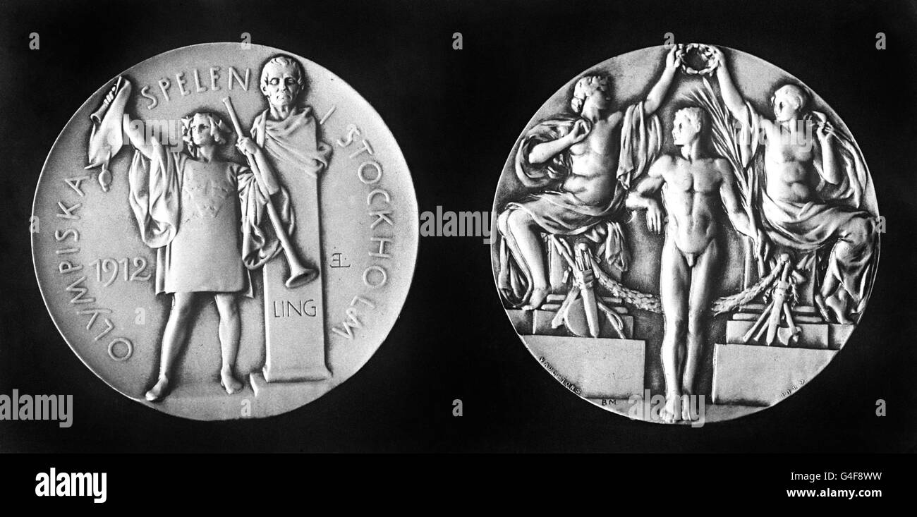 The obverse and reverse of the Prize Medal which will be accompanied by a diploma. In team events a diploma will also be awarded to the winning team. Cups and prizes are being given by the King of Sweden, the Emperor of Russia, the Crown Prince of Greece and the British Football Association, etc. Stock Photo
