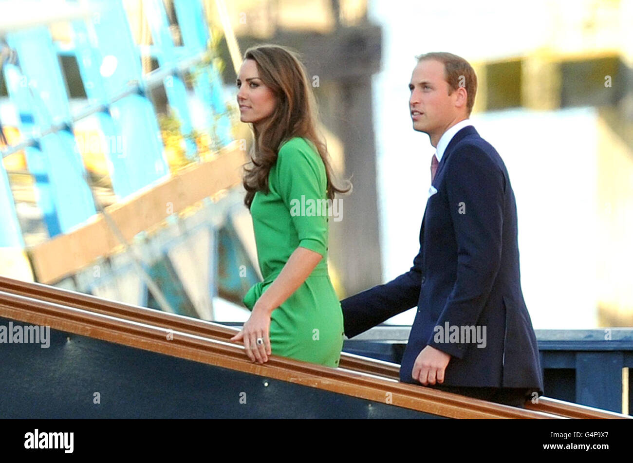 The Duke and Duchess of cambridge arrive for an evening reception onboard the Royal Yacht Britannia in Leith, Edinburgh, on the night before the wedding of Zara Phillips and Mike Tindall. Stock Photo