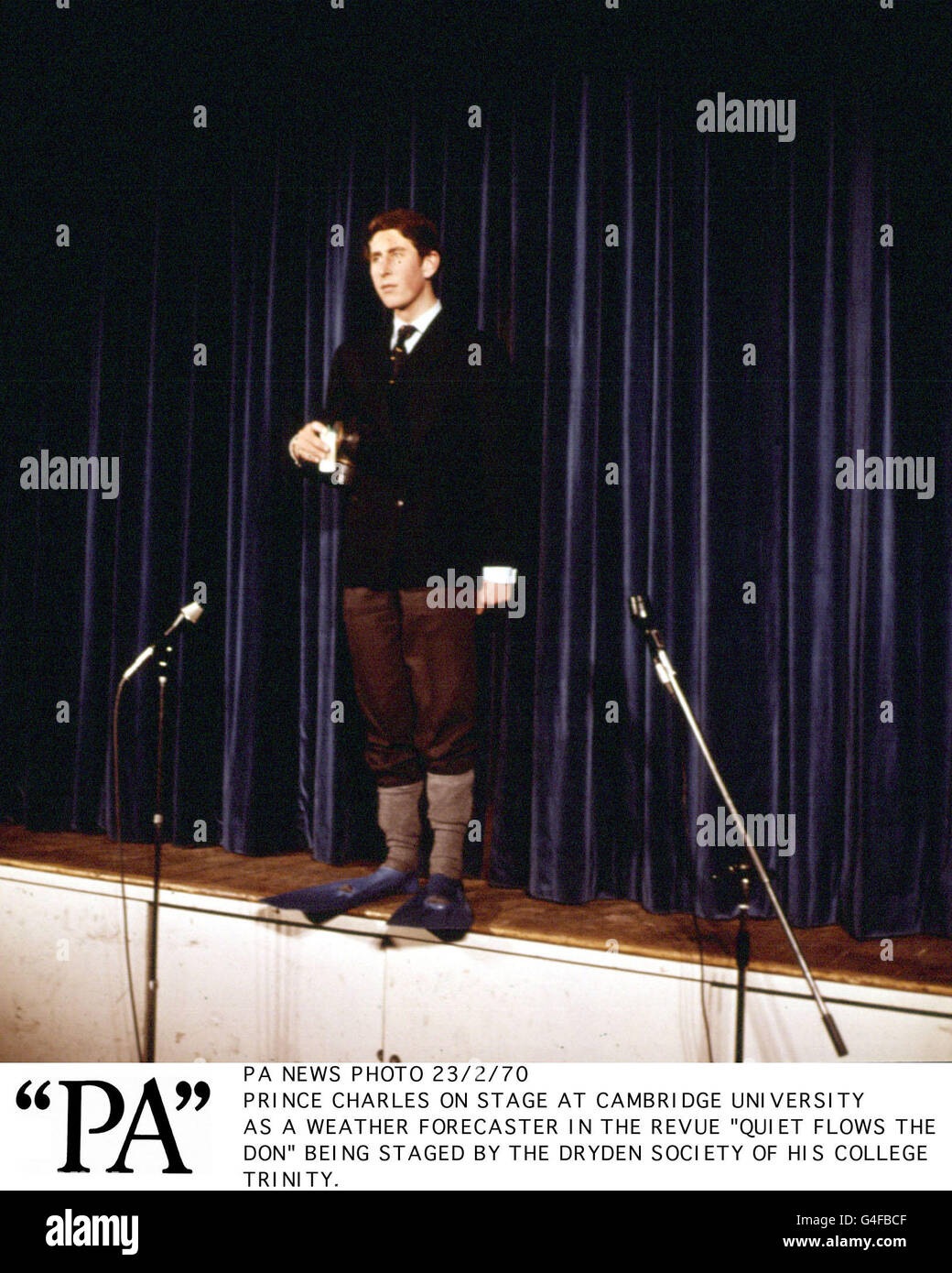 PA NEWS PHOTO 23/2/70 PRINCE CHARLES ON STAGE AT CAMBRIDGE UNIVERSITY AS A WEATHER FORECASTER IN THE REVUE 'QUIET' FLOWS THE DON BEING STAGED BY THE DRYDEN SOCIETY OF HIS COLLEGE TRINITY Stock Photo