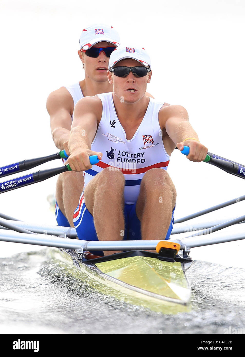 Edward Grisedale and Joseph Guppy in the Junior Men's Double Sculls during the World Junior Championships and Olympic Test event at Eton Dorney Rowing Lake, Windsor. Stock Photo