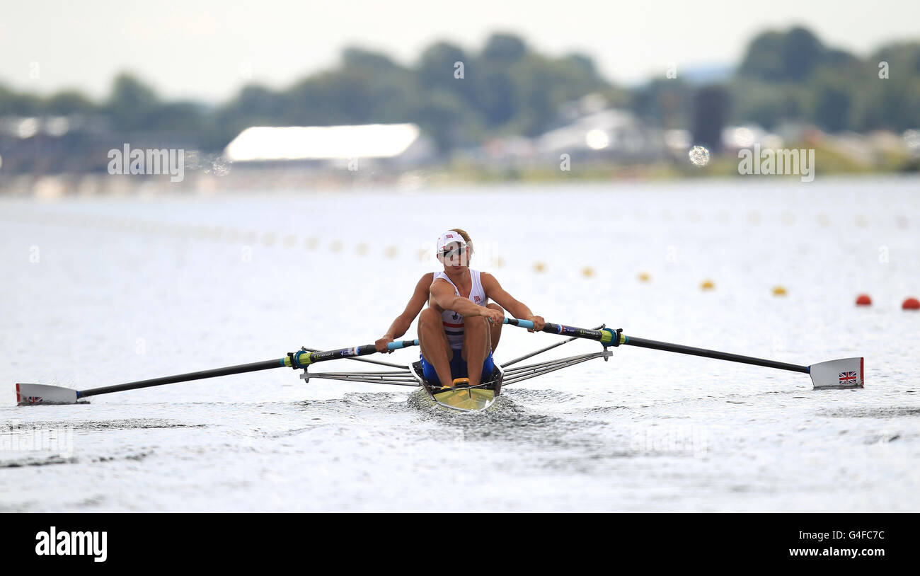 Oleg Isaev and Andrew Brown in the Junior Men's Pairs during the World Junior Championships and Olympic Test event at Eton Dorney Rowing Lake, Windsor. Stock Photo