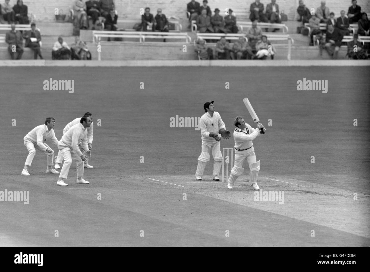 Cricket - County Championship 1970 - Kent v Warwickshire - Day One - Bat and Ball Ground, Gravesend. Neal Abberley in batting action for Warwickshire on his way to making 19 runs. The wicketkeeper for Kent is Alan Knott. Stock Photo