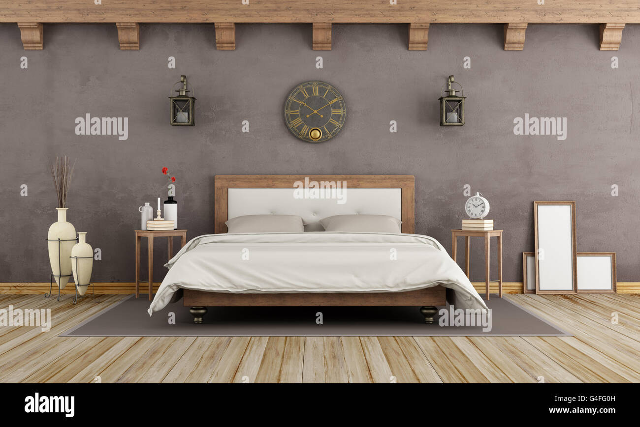 Vintage brown bedroom with wooden double bed - 3d rendering Stock Photo