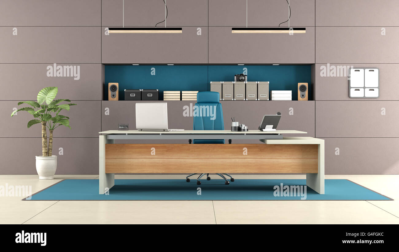 Modern brown office with elegant desk and niche with objects - 3d rendering Stock Photo