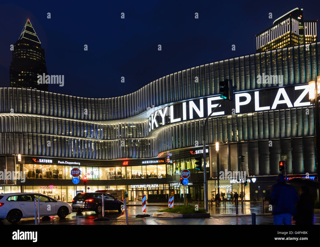 Skyline Plaza shopping center at night and rain with the Messeturm,  Germany, Hessen, Hesse, , Frankfurt am Main Stock Photo - Alamy