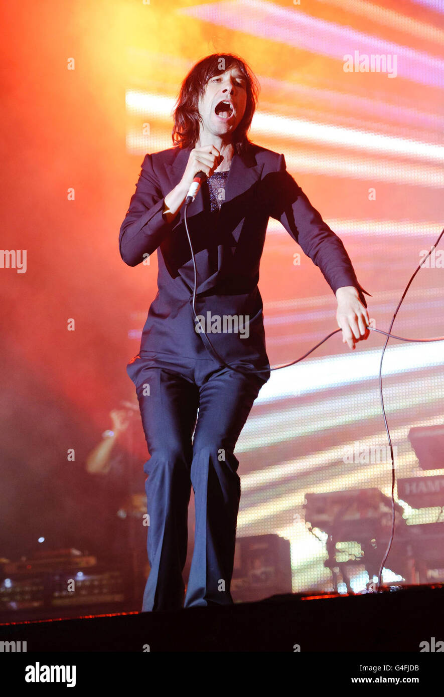 V Festival 2011 - Chelmsford. Bobby Gillespie of Primal Scream performs on the 4 Music stage at the V Festival in Chelmsford, Essex. Stock Photo