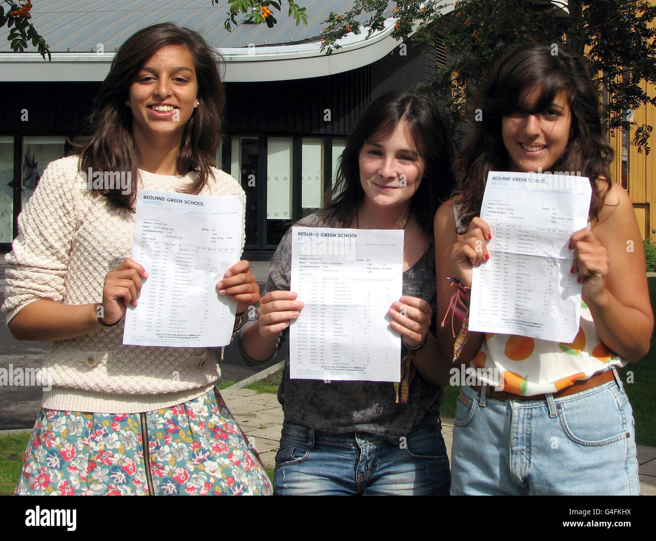 From left to right) Yasmin Rauf, Alex Lindsay-Perez and Kathryn Jamshidi  celebrate a string of top GCSE grades at Redland Green School in Bristol  Stock Photo - Alamy