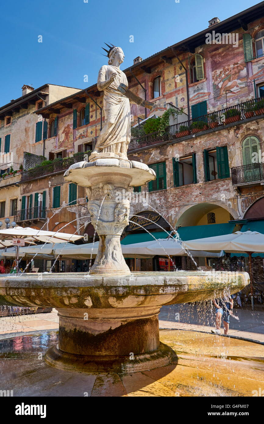 Fountain at Piazza delle Erbe, Verona old town, Veneto region, Italy Stock Photo