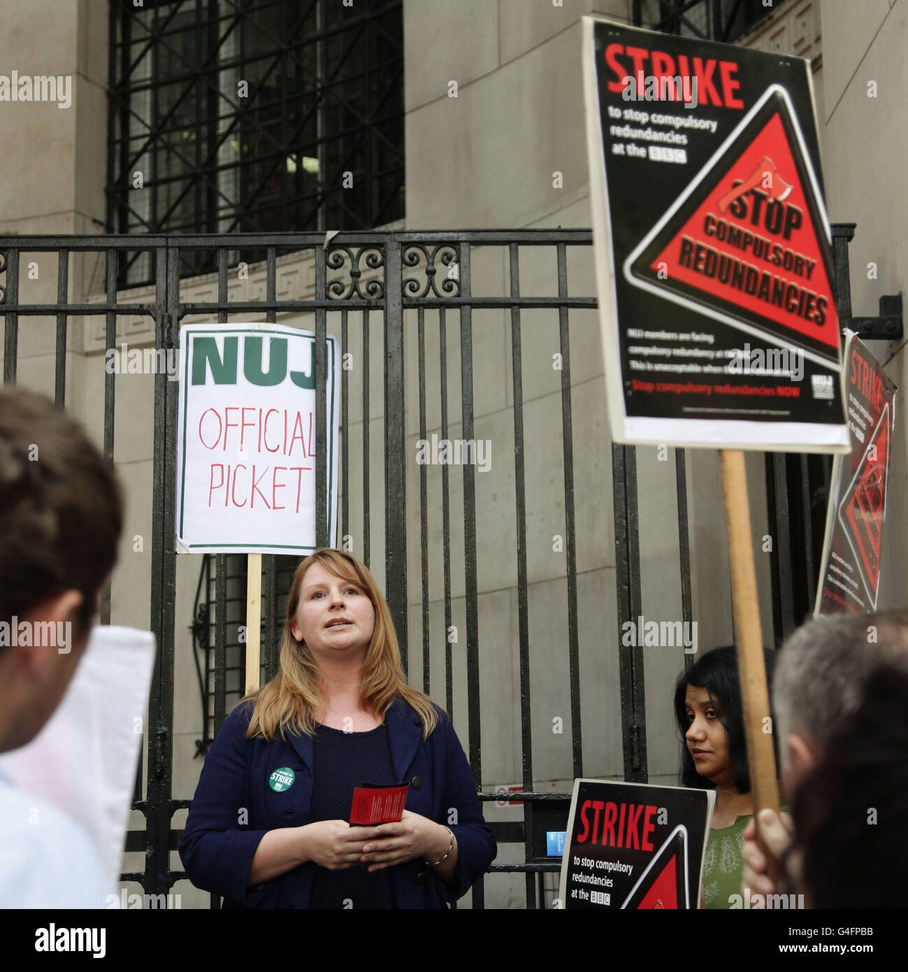 NUJ general secretary Michelle Stanistreet speaking during a 24-hour strike by NUJ members at the BBC, in protest at compulsory redundancies, outside Bush House in central London. Stock Photo