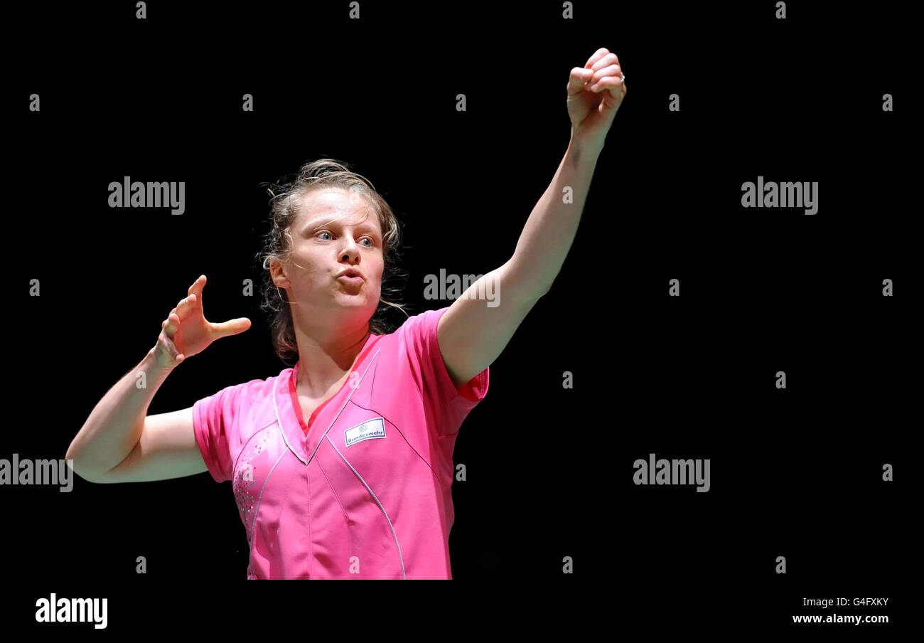 Germany's Juliane Schenk celebrates victory in her match against China's Yanjiao Jiang during the World Championships at Wembley Arena, London. Stock Photo