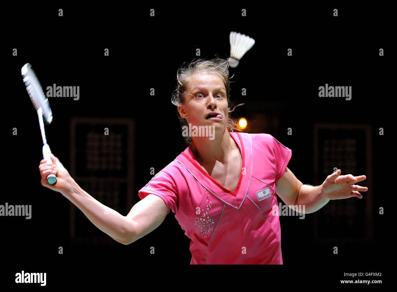 Germany's Juliane Schenk in action in her match against China's Yanjiao Jiang during the World Championships at Wembley Arena, London. Stock Photo