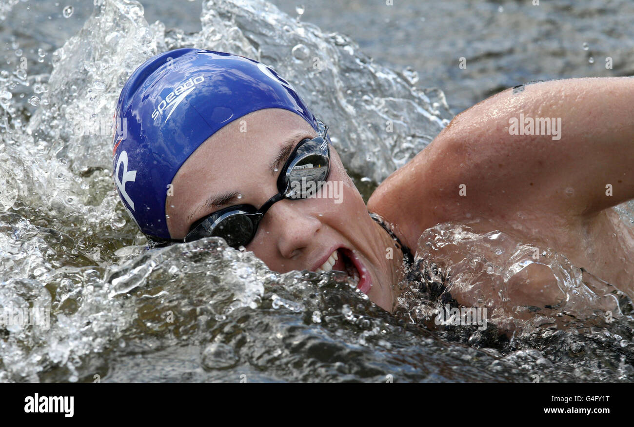 British swimmer Lucy Charles competes in the London Womens Marathon 10k during the Marathon Swimming Olympic Games Test Event in Hyde Park, London. Stock Photo