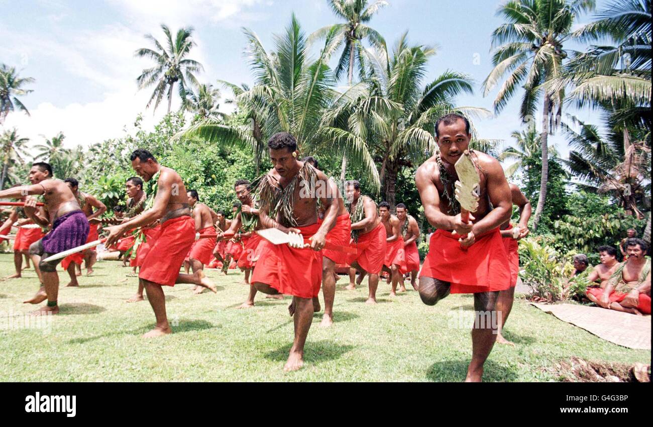 The dance by Samoan warriors, seen by the Duke of York in a traditional dance ceremony in Apia, the capital of Samoa, where the Duke was being made a chief today (thursday). PHOTO BY JOHN STILLWELL/PA. Stock Photo