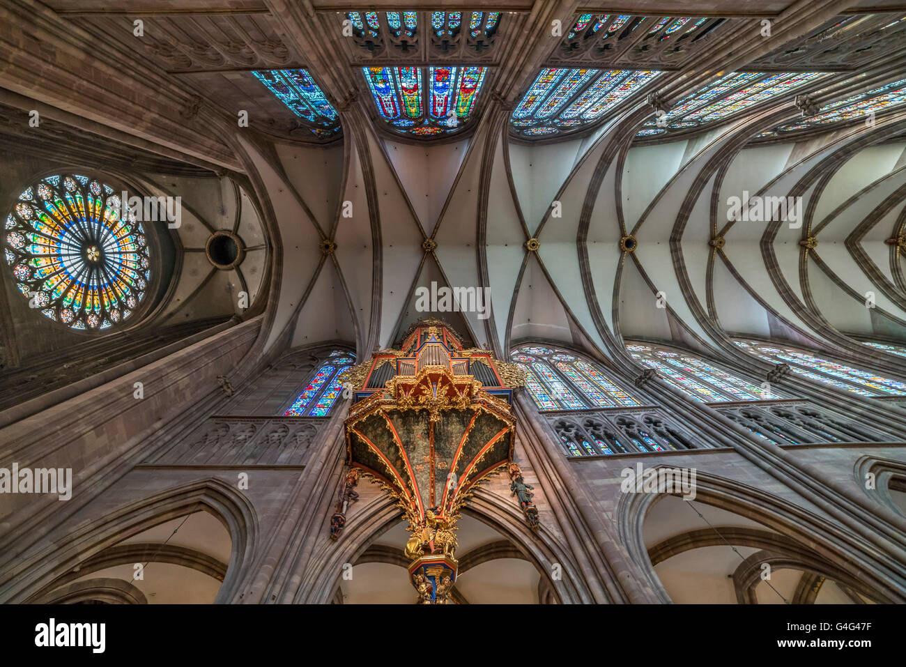 Strasbourg Cathedral church organ and ceiling, Strasbourg,  Alsace, France Stock Photo