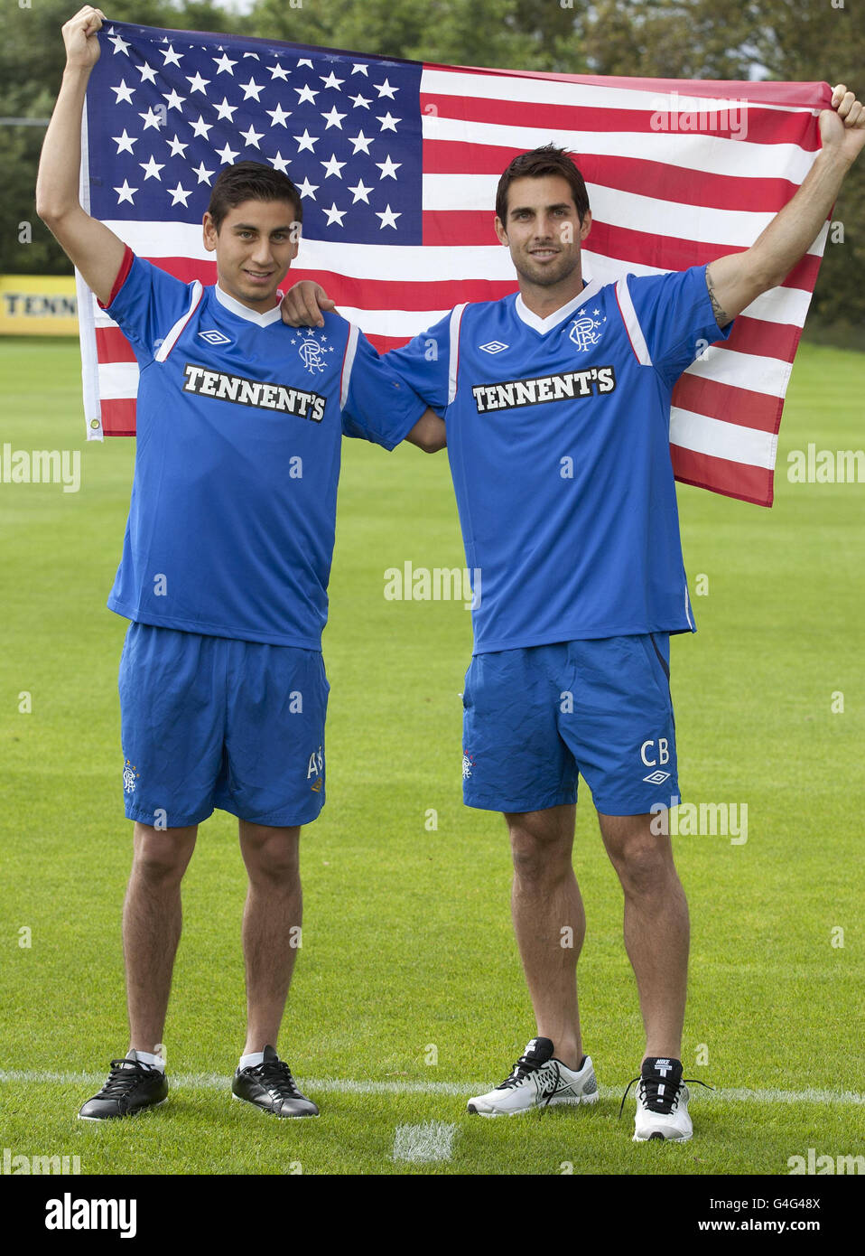 Rangers' new signings Alejandro Bedoya and Carlos Bocanegra (right) pose during a photocall at Murray Park, Glasgow. Picture date:Wednesday August 24, 2011. Photo credit should read: Aileen Wilson/Rangers FC/PA. Stock Photo