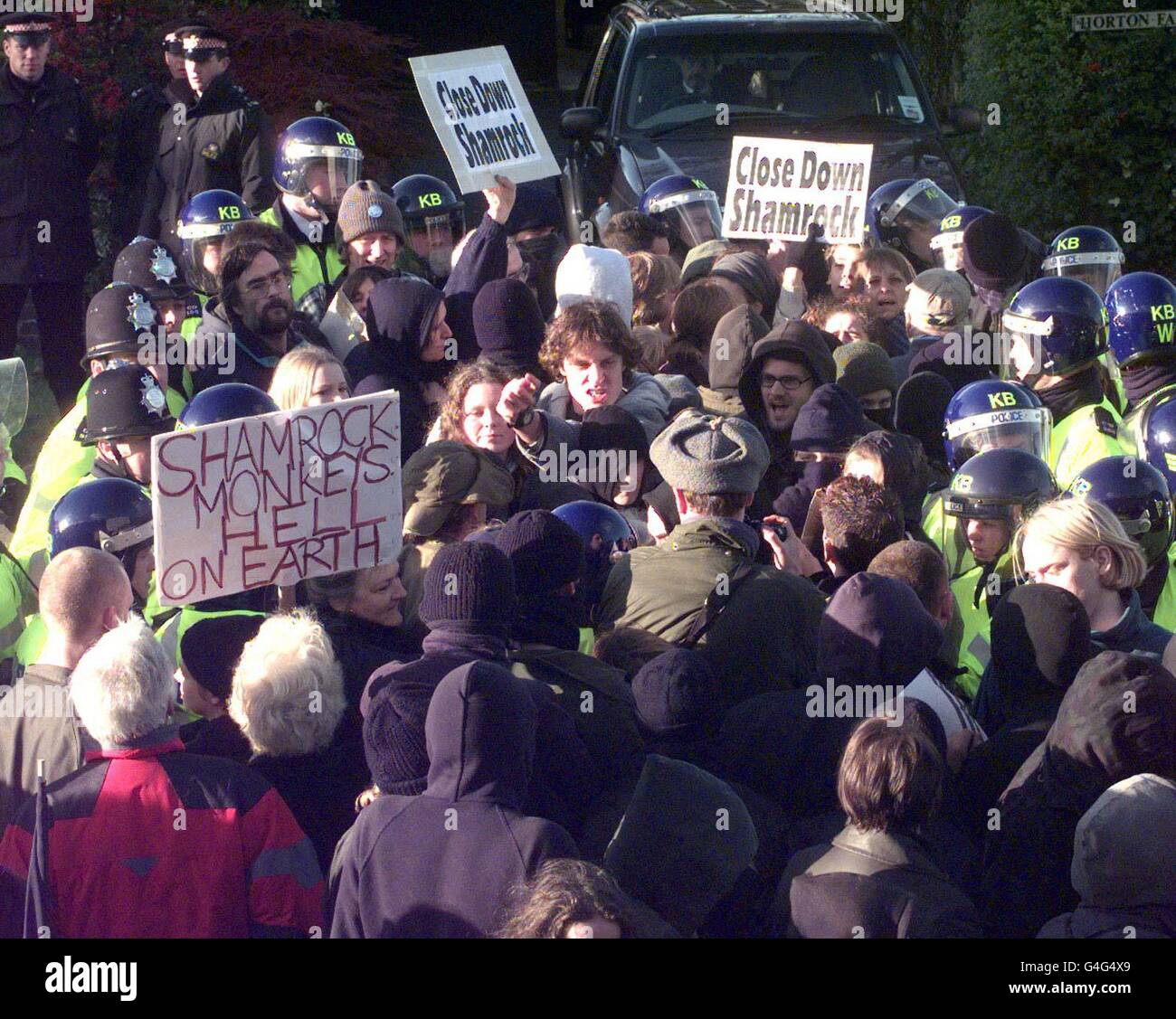 Animal rights activists protest outside a vivisection farm today ...