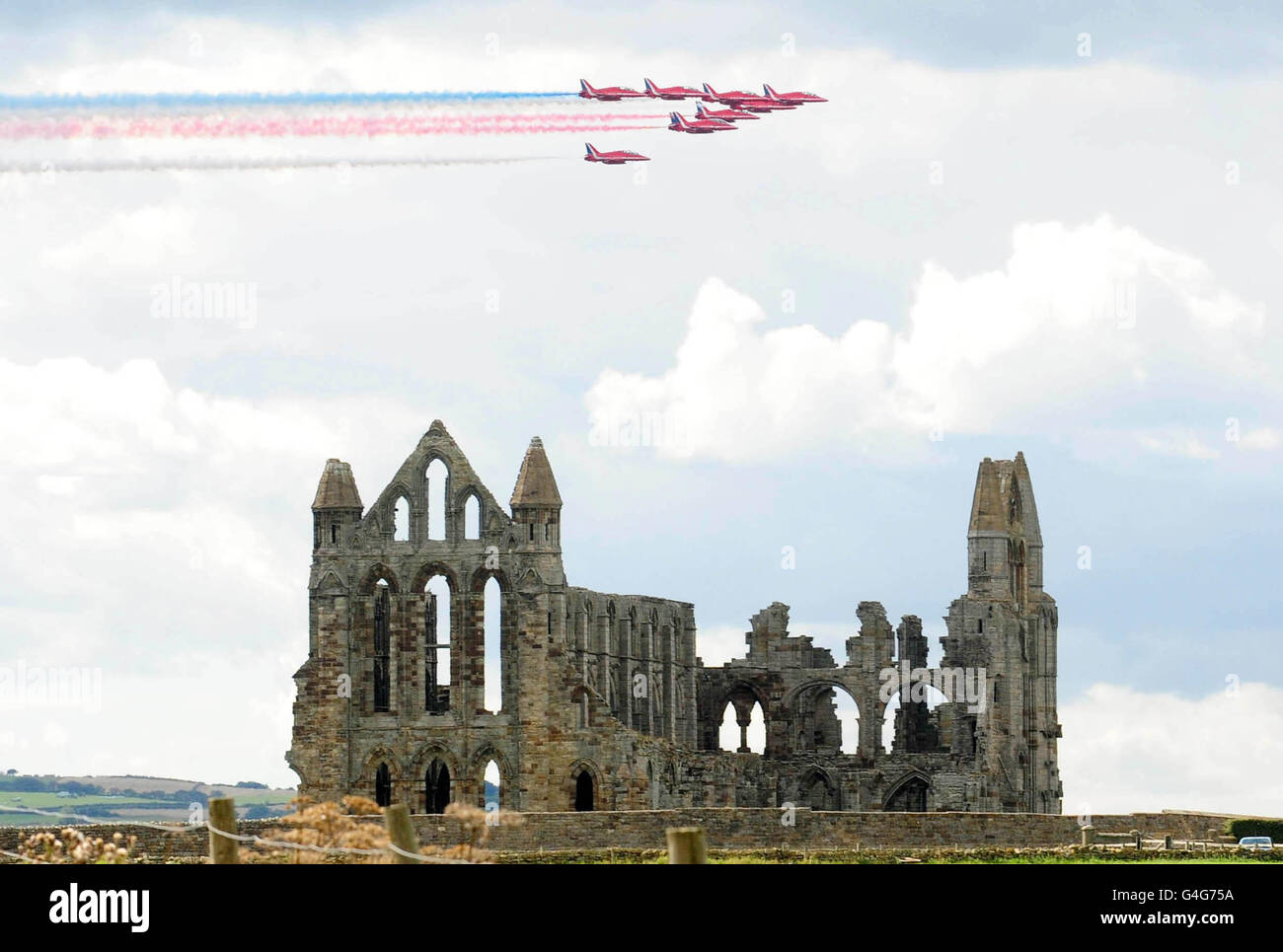 The Red Arrows pictured over Whitby Abbey on the final day of the