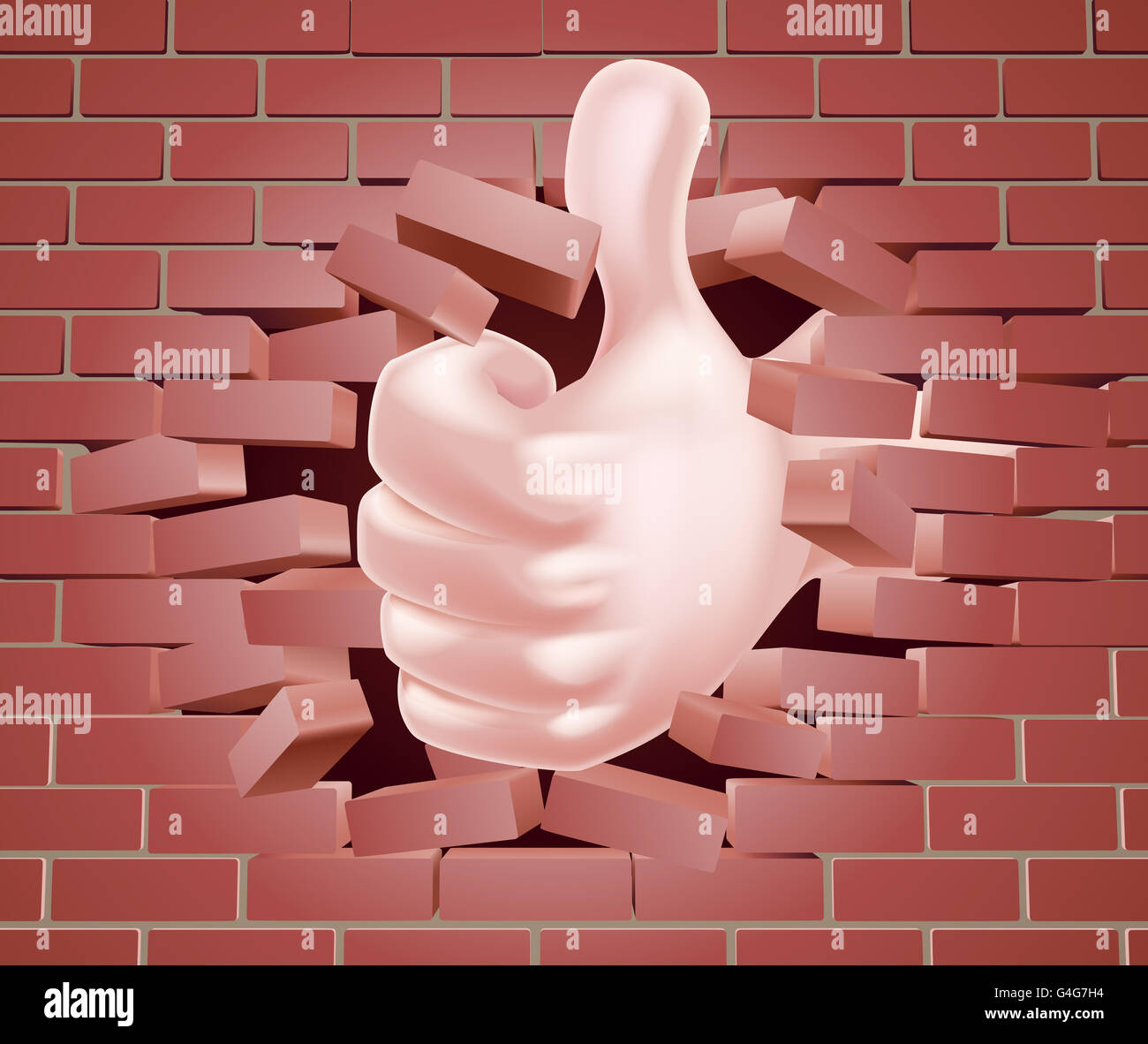 Conceptual illustration of a hand giving a thumbs up breaking through a wall of bricks Stock Photo