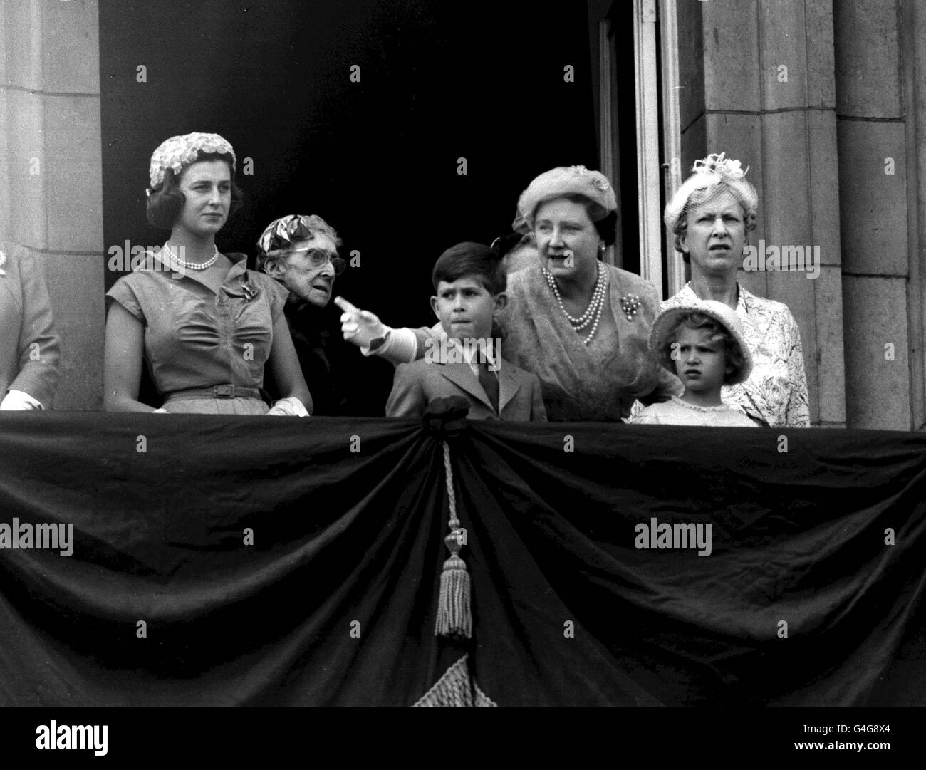 PA NEWS PHOTO 31/5/56  THE PRINCE OF WALES WITH THE QUEEN MOTHER AND SISTER PRINCESS ANNE ON THE BALCONY OF BUCKINGHAM PALACE AFTER THE TROOPING OF THE COLOUR CEREMONY AT HORSE GUARDS PARADE Stock Photo