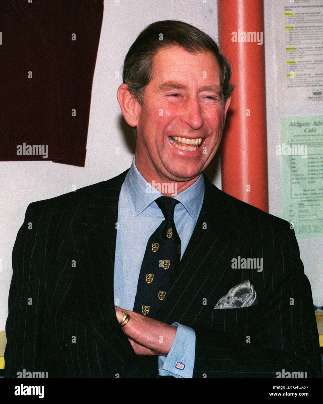 Prince of Wales Big Issue. The Princve of Wales laughs during his 'bloody' speech at the Big Issue offices in London. Stock Photo