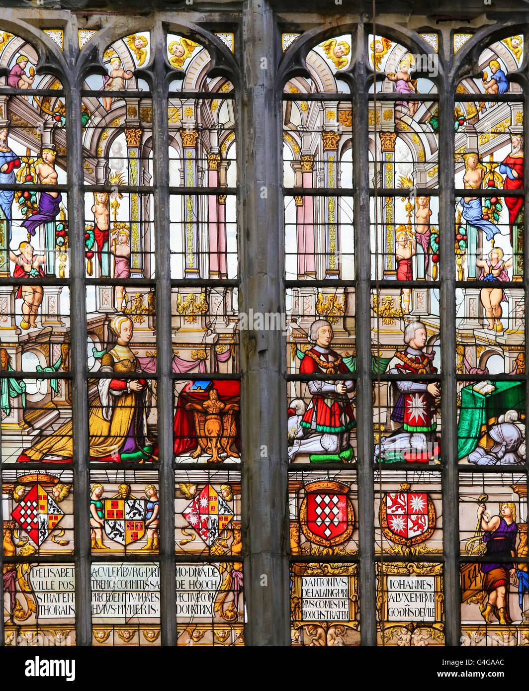 Stained Glass window created in 1545 in St Gummarus Church in Lier, Belgium, depicting Elisabeth of Culemborg (1475 – 1555) Stock Photo
