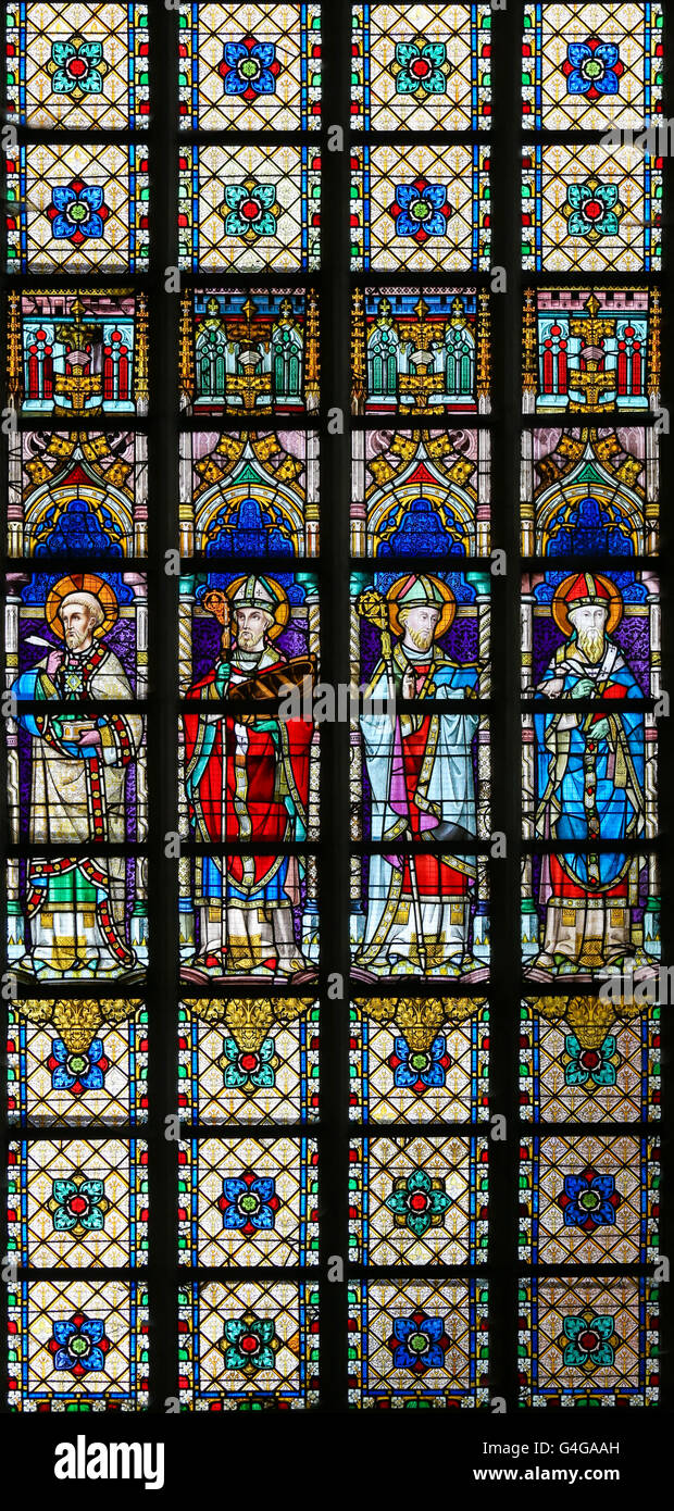LIER, BELGIUM - MAY 16, 2015: Stained Glass window in St Gummarus Church in Lier, Belgium, depicting the Orthodox Church Fathers Stock Photo